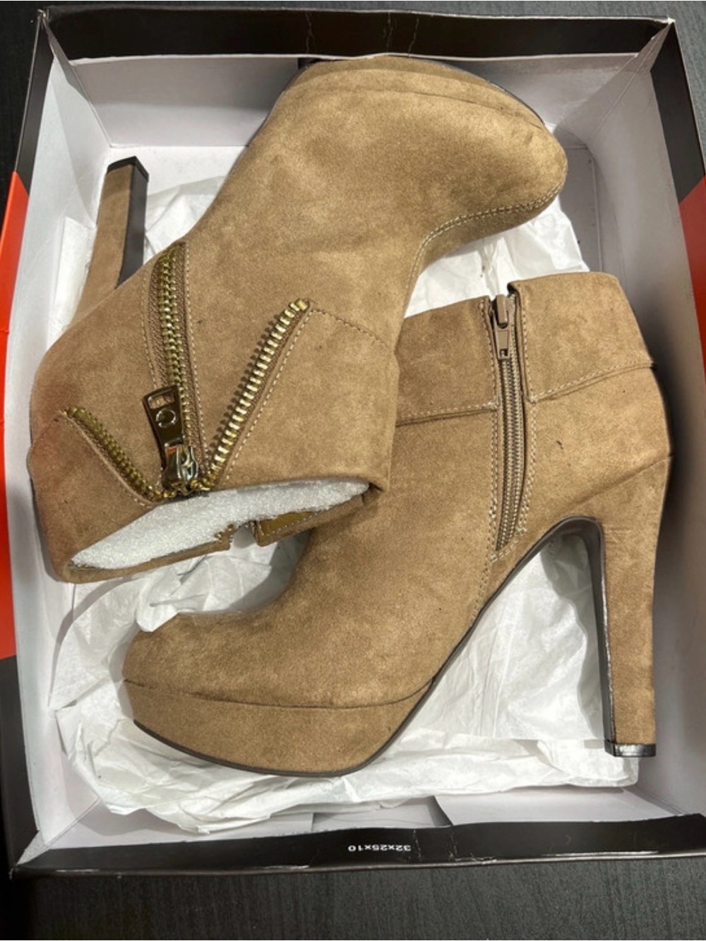 Guess Tan Suede Platform Ankle Booties with Gold Zippers